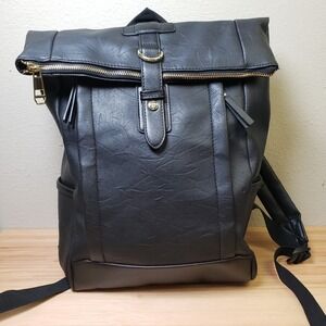 Madden Girl Faux Leather Roll Top Backpack Black Capsule Contemporary Minimalist